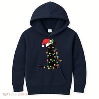 Black Santa Cat Tangled Up In Lights Christmas Santa Kids Hoodie thumb 0