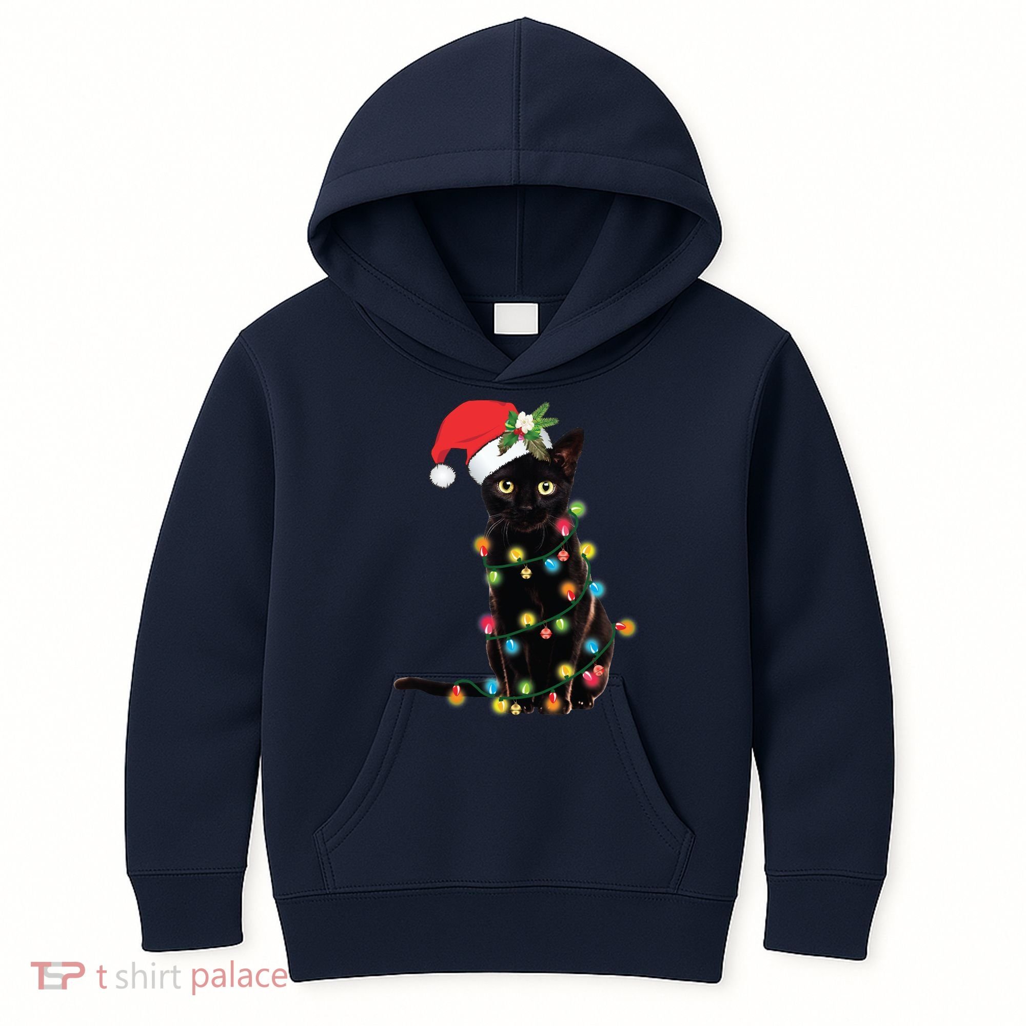 Black Santa Cat Tangled Up In Lights Christmas Santa Kids Hoodie