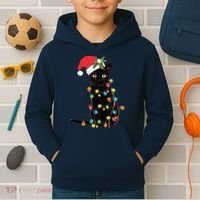 Black Santa Cat Tangled Up In Lights Christmas Santa Kids Hoodie thumb 2