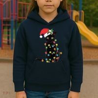 Black Santa Cat Tangled Up In Lights Christmas Santa Kids Hoodie thumb 3