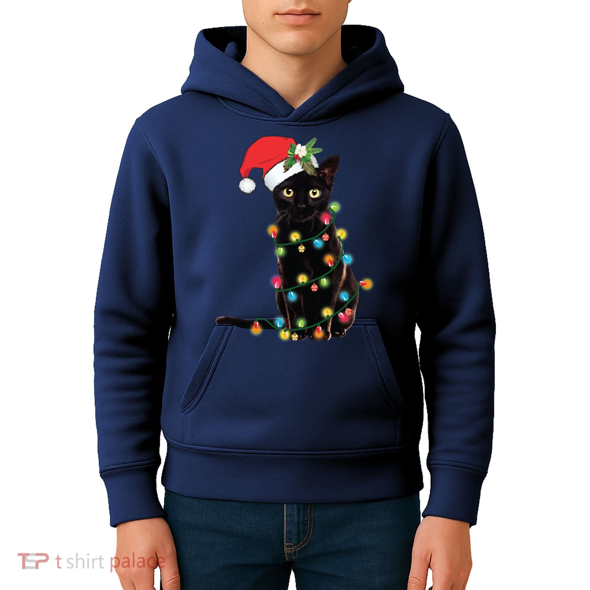 Black Santa Cat Tangled Up In Lights Christmas Santa Kids Hoodie