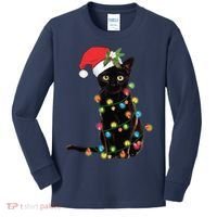 Black Santa Cat Tangled Up In Lights Christmas Santa Kids Long Sleeve Shirt thumb 0