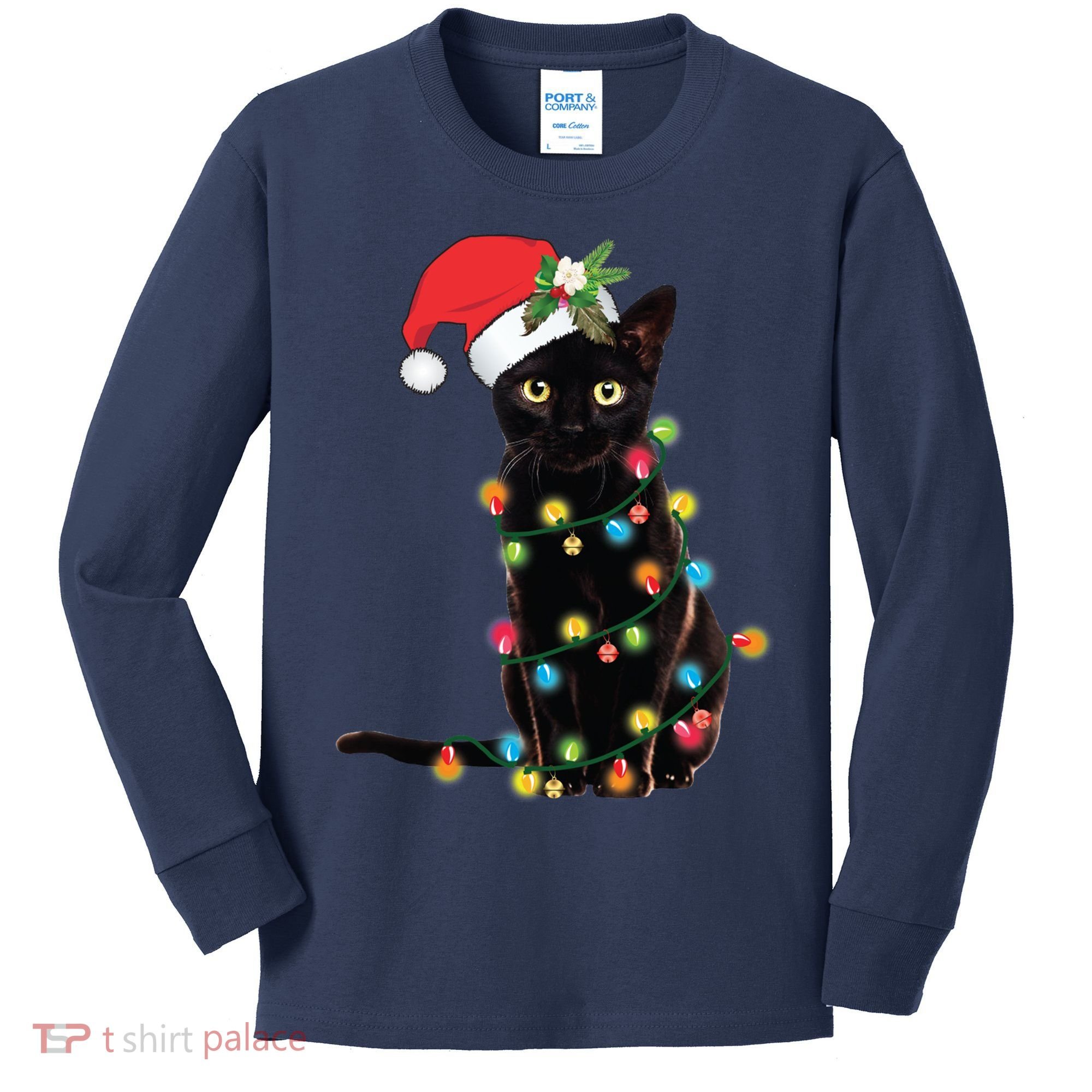 Black Santa Cat Tangled Up In Lights Christmas Santa Kids Long Sleeve Shirt