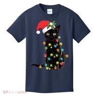 Black Santa Cat Tangled Up In Lights Christmas Santa Kids T-Shirt thumb 0