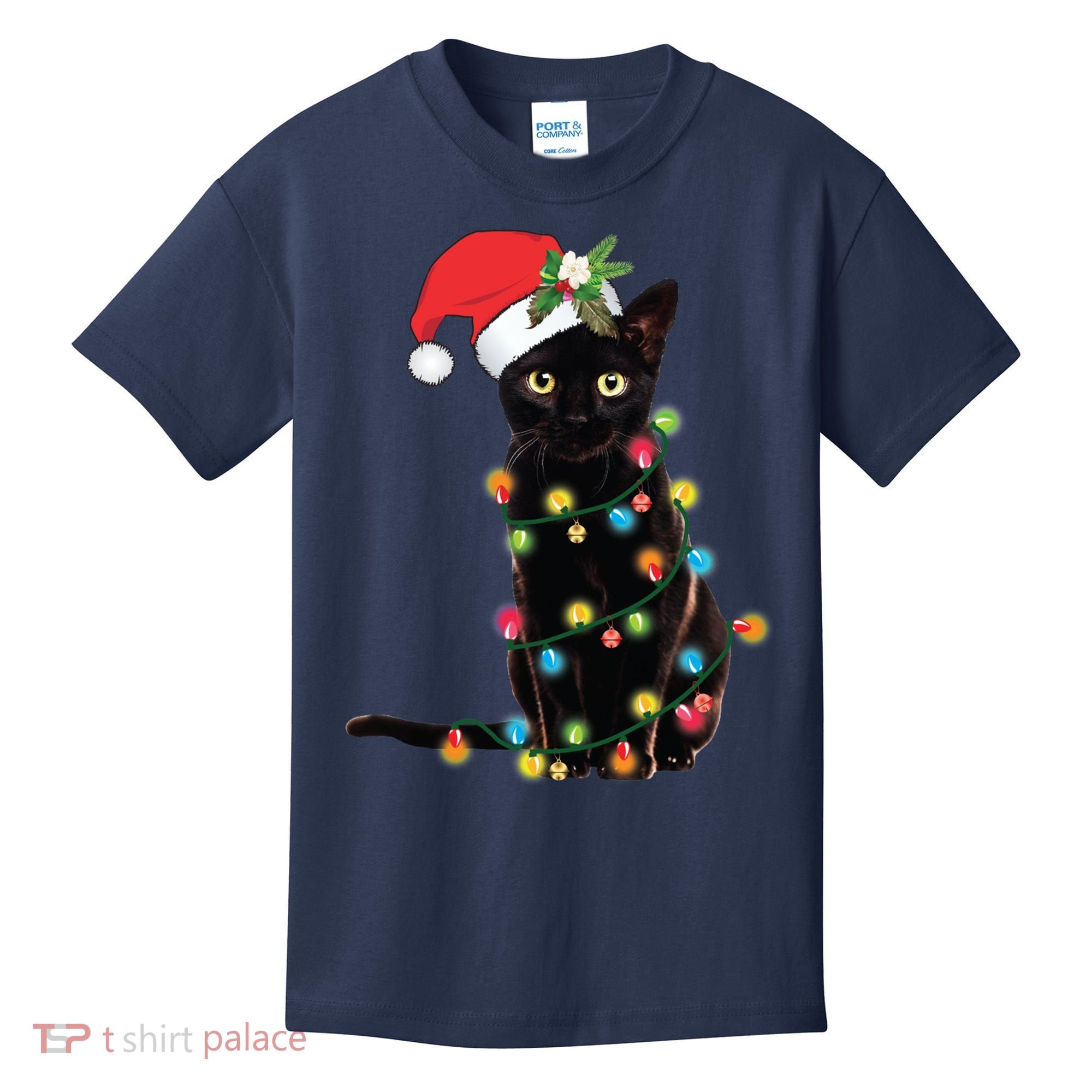 Black Santa Cat Tangled Up In Lights Christmas Santa Kids T-Shirt