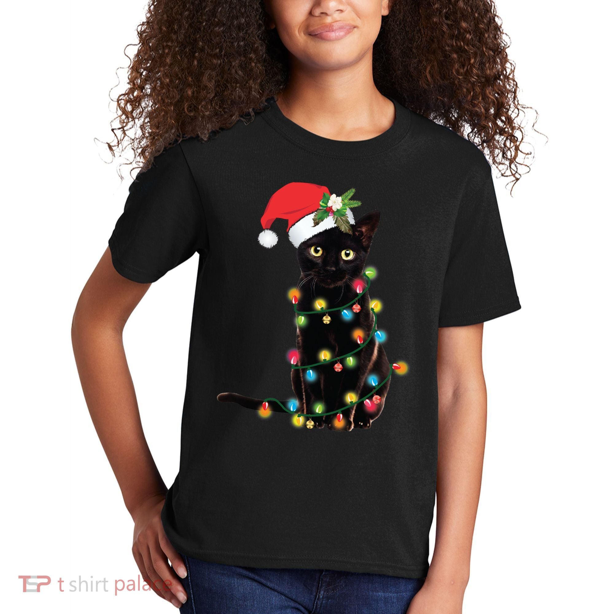 Black Santa Cat Tangled Up In Lights Christmas Santa Kids T-Shirt