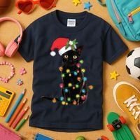Black Santa Cat Tangled Up In Lights Christmas Santa Kids T-Shirt thumb 3