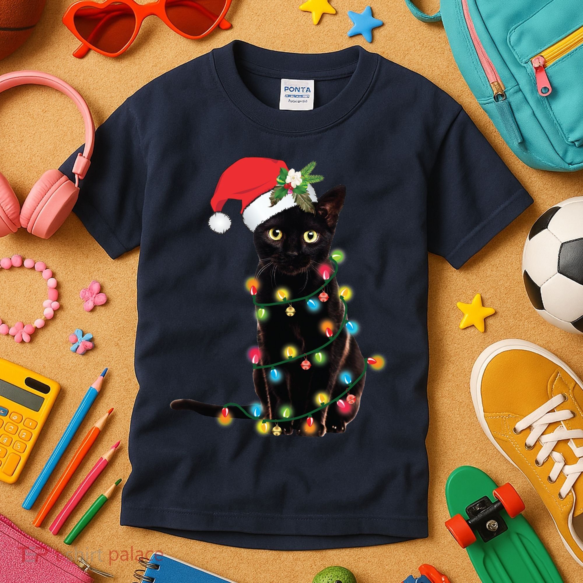Black Santa Cat Tangled Up In Lights Christmas Santa Kids T-Shirt