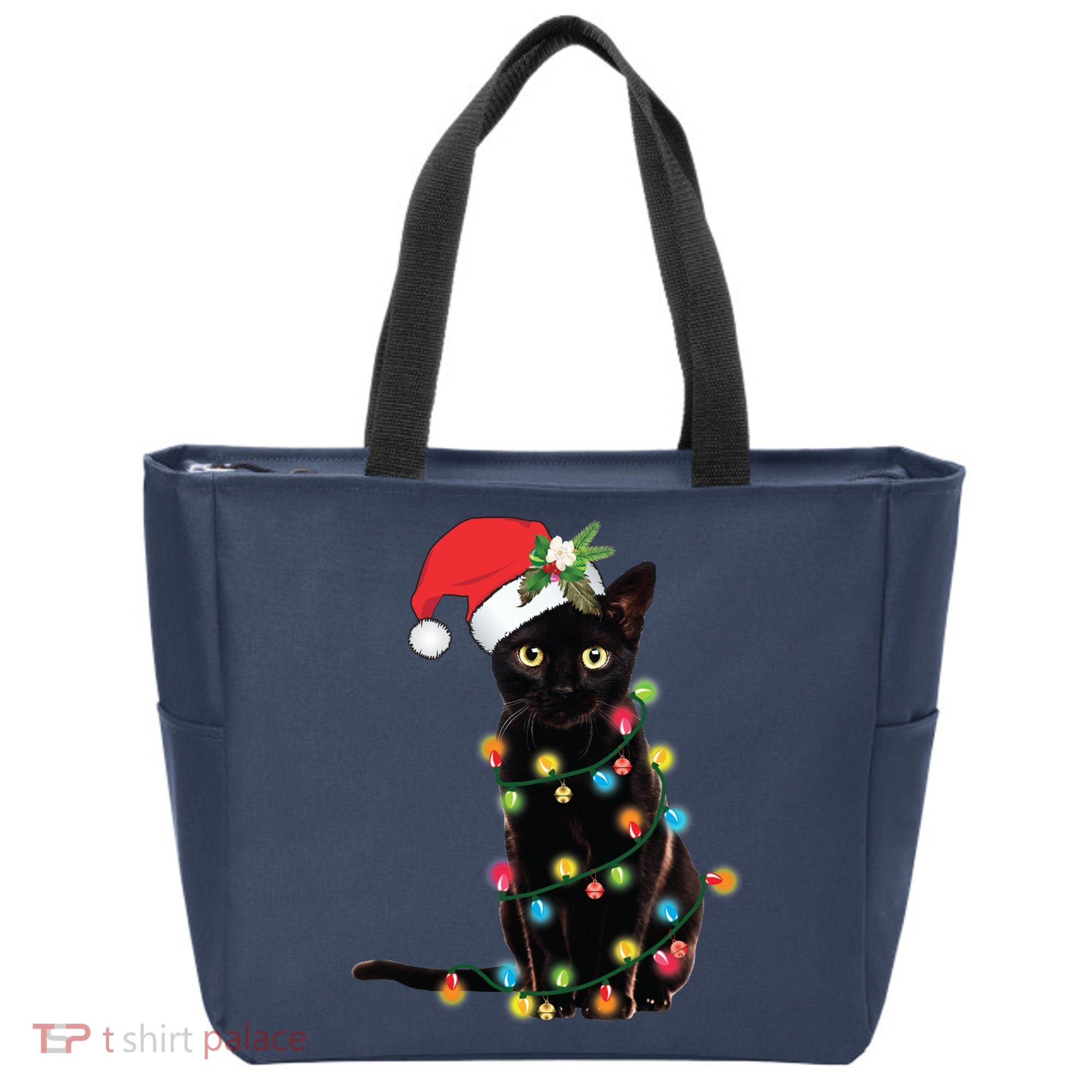 Black Santa Cat Tangled Up In Lights Christmas Santa Tote Bag