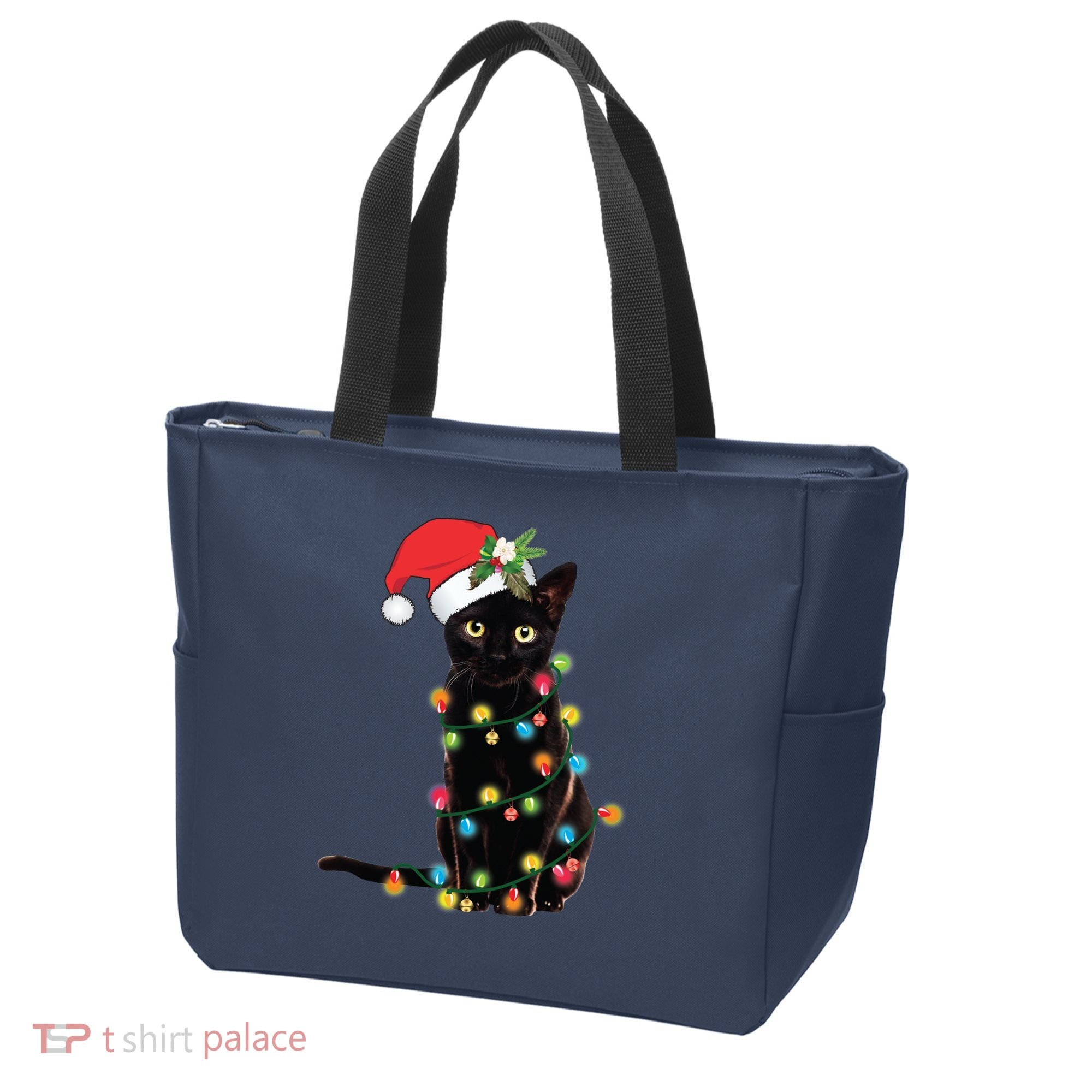 Black Santa Cat Tangled Up In Lights Christmas Santa Tote Bag