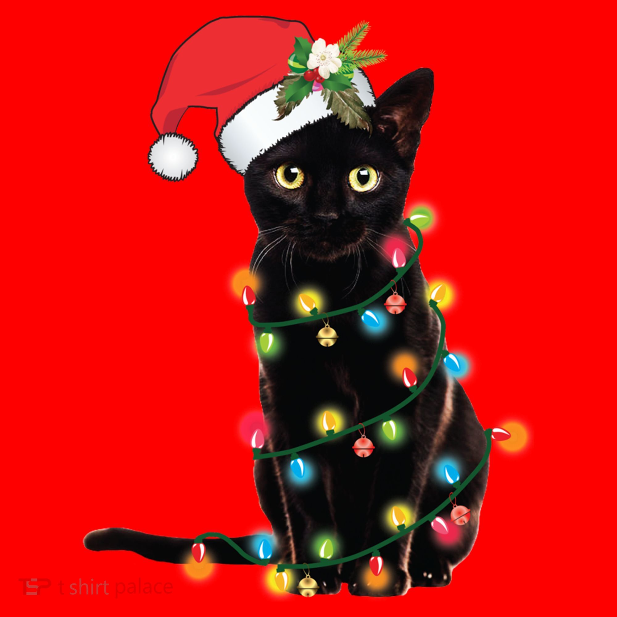 Black Santa Cat Tangled Up In Lights Christmas Santa Santa Hat