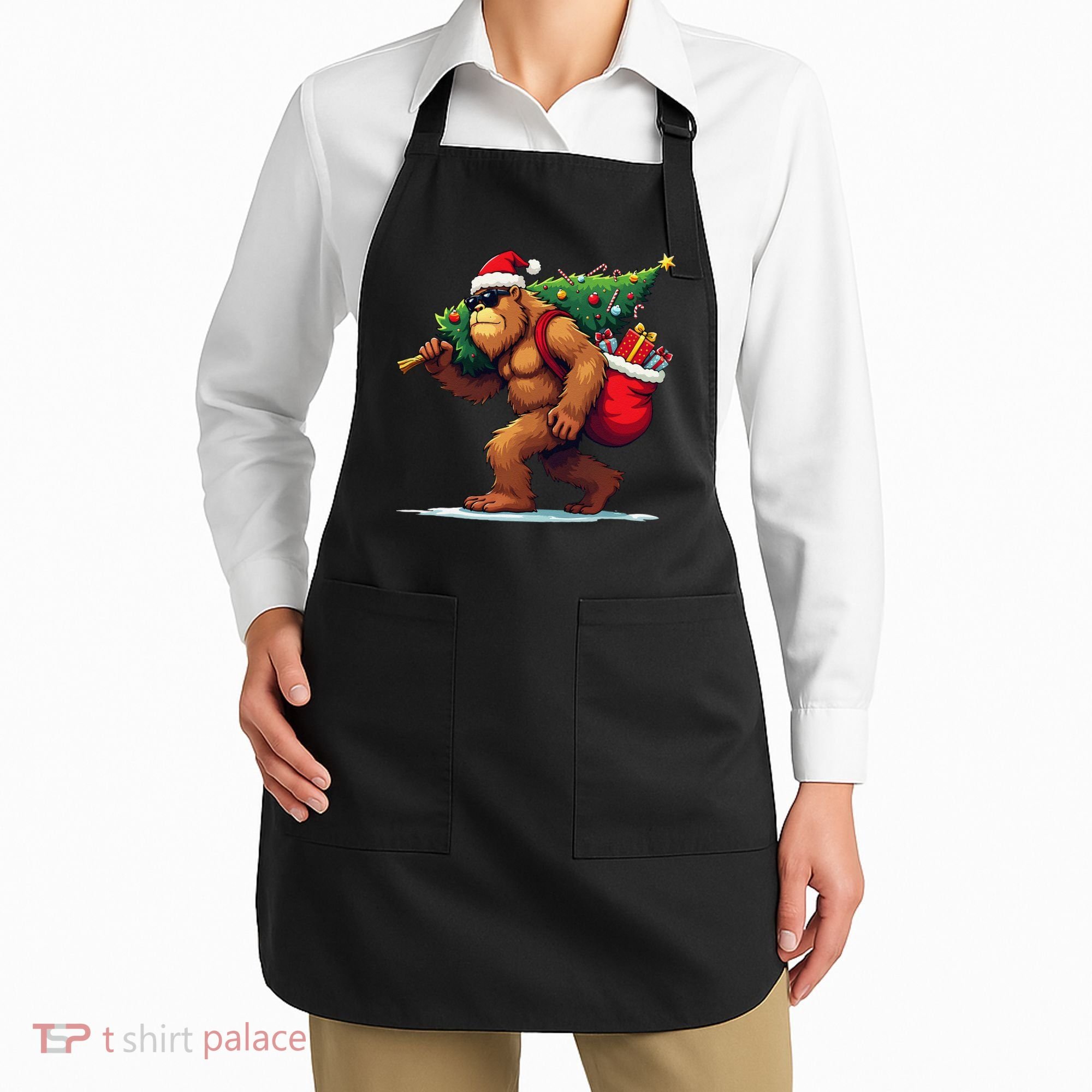 Bigfoot Santa Christmas Tree Lights Funny Xmas Sasquatch Apron