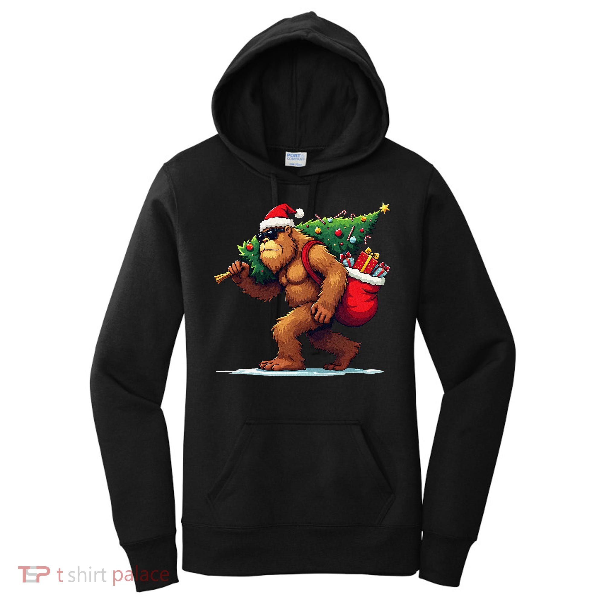 Bigfoot Santa Christmas Tree Lights Funny Xmas Sasquatch Women's Hoodie