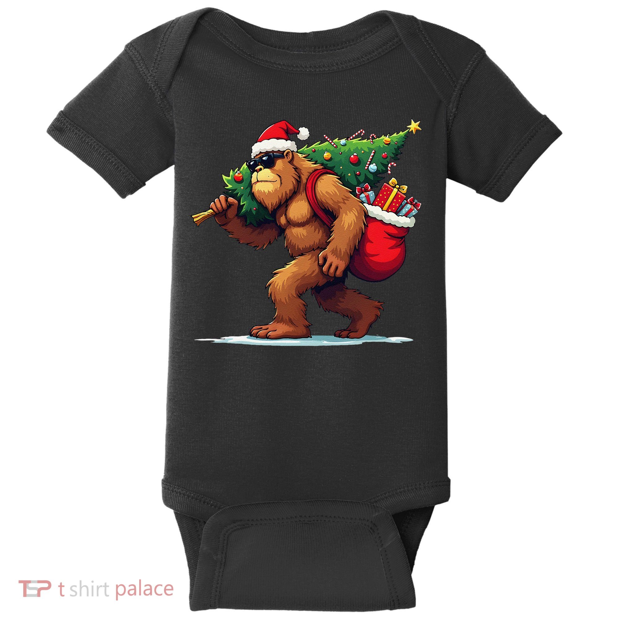 Bigfoot Santa Christmas Tree Lights Funny Xmas Sasquatch Baby Bodysuit
