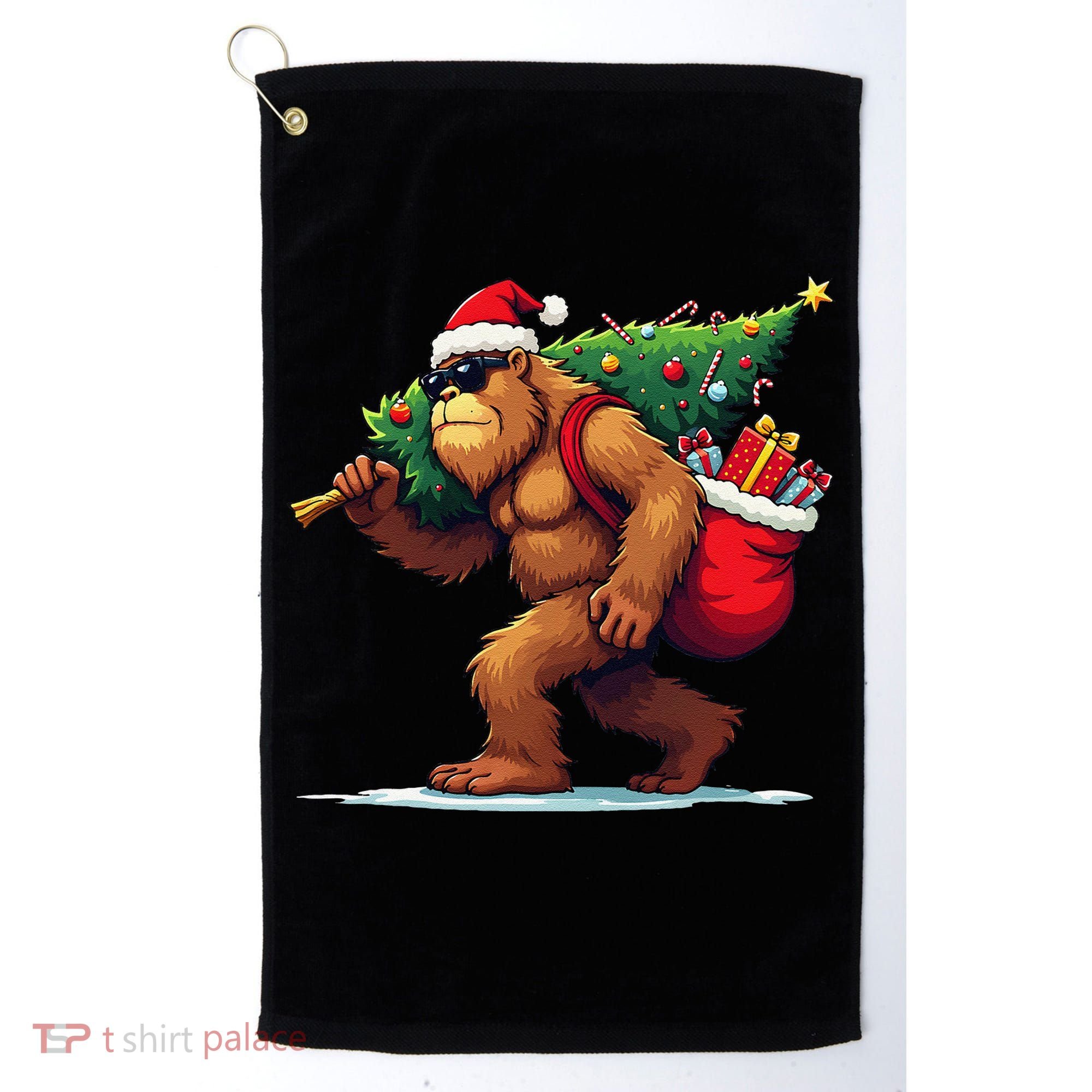 Bigfoot Santa Christmas Tree Lights Funny Xmas Sasquatch Golf Towel
