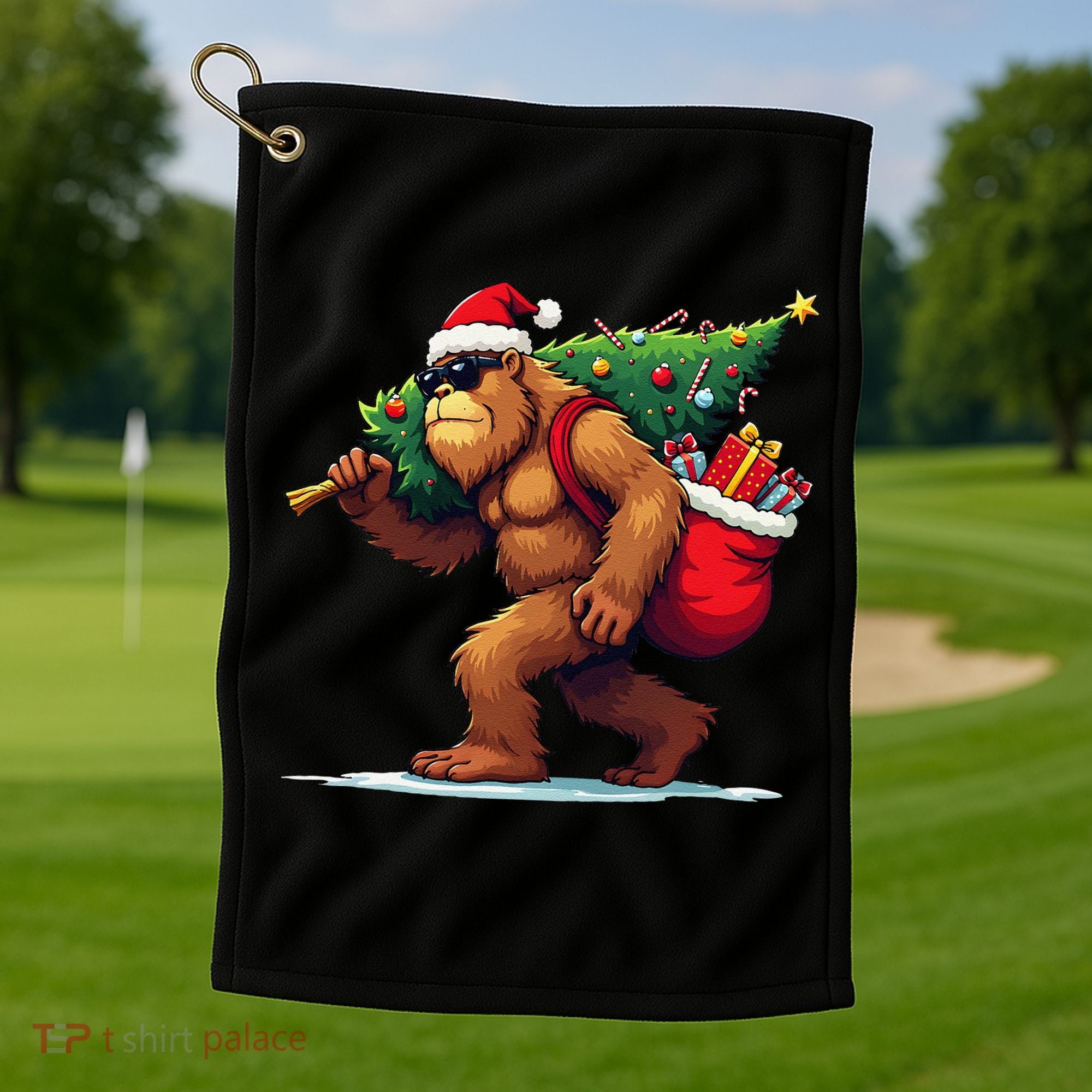 Bigfoot Santa Christmas Tree Lights Funny Xmas Sasquatch Golf Towel