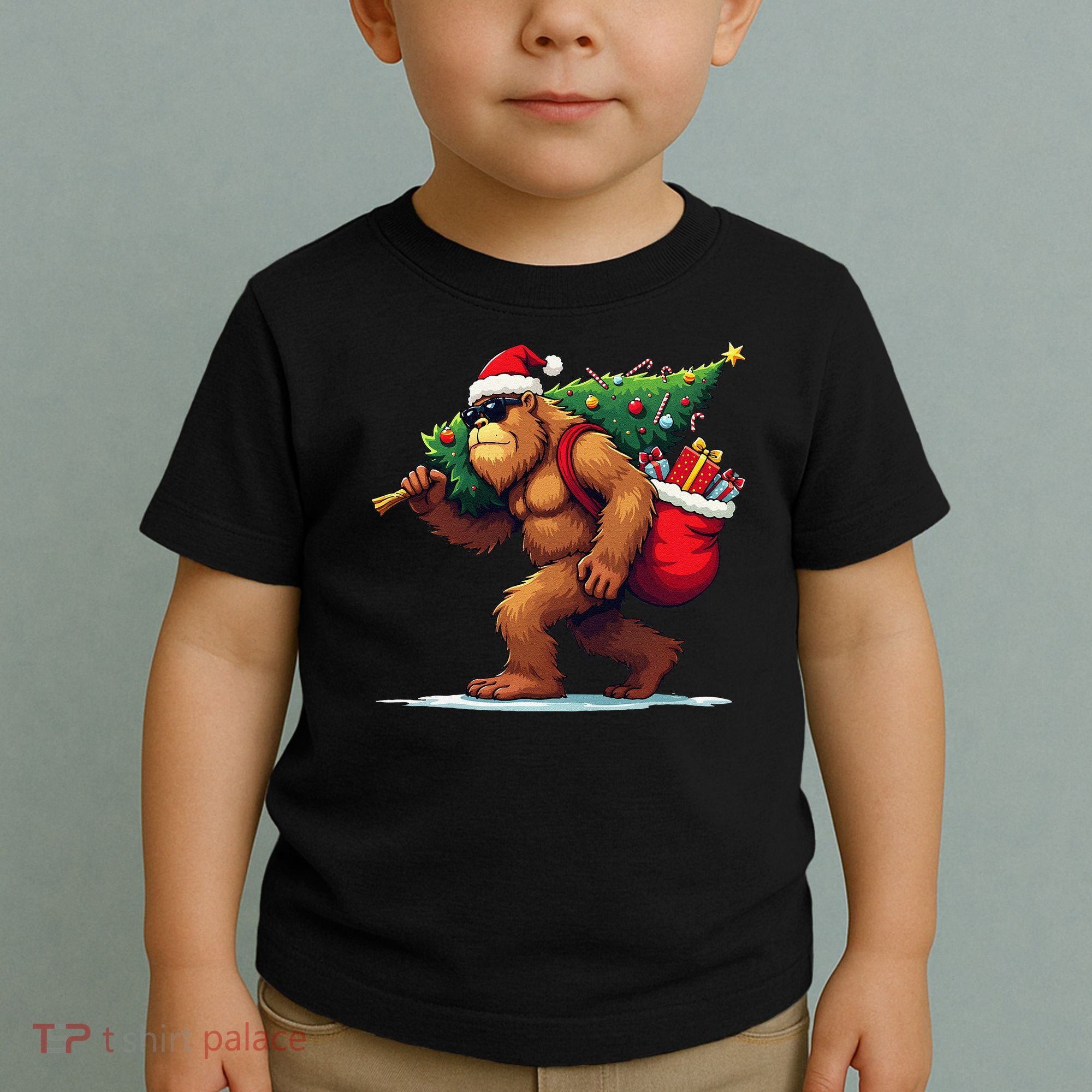 Bigfoot Santa Christmas Tree Lights Funny Xmas Sasquatch Toddler T-Shirt