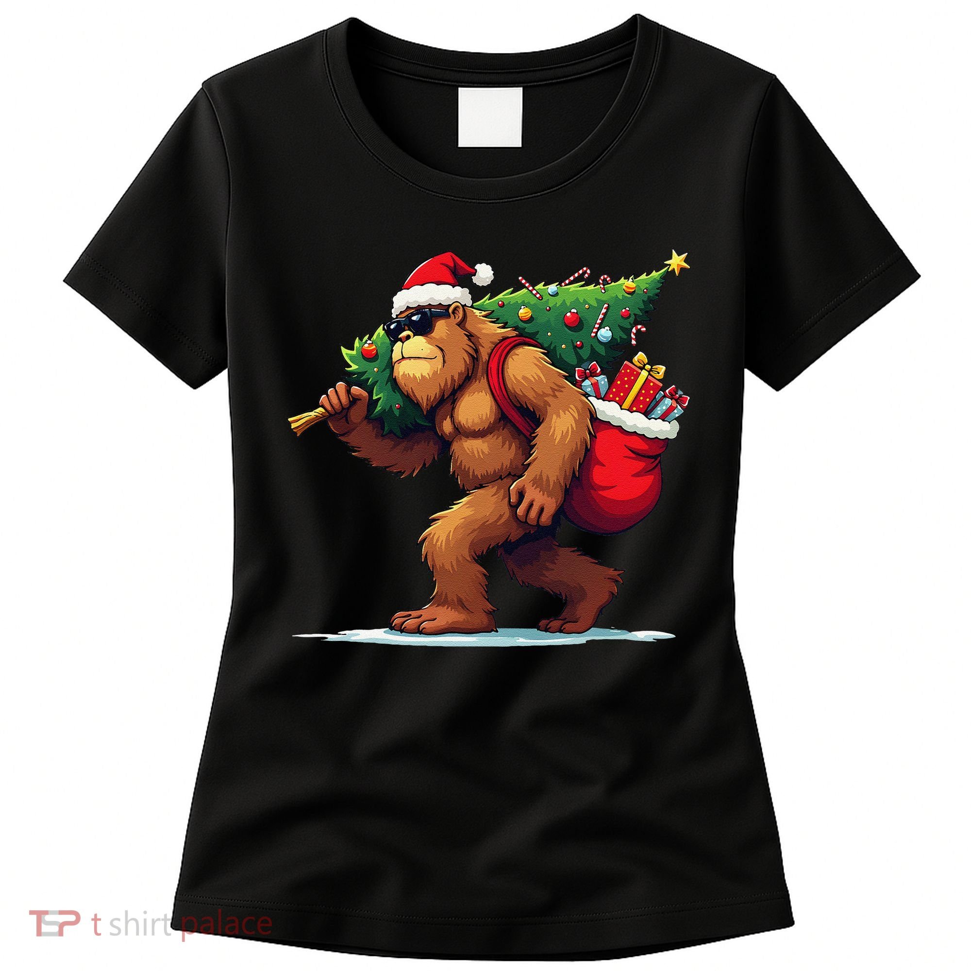 Bigfoot Santa Christmas Tree Lights Funny Xmas Sasquatch Women's T-Shirt