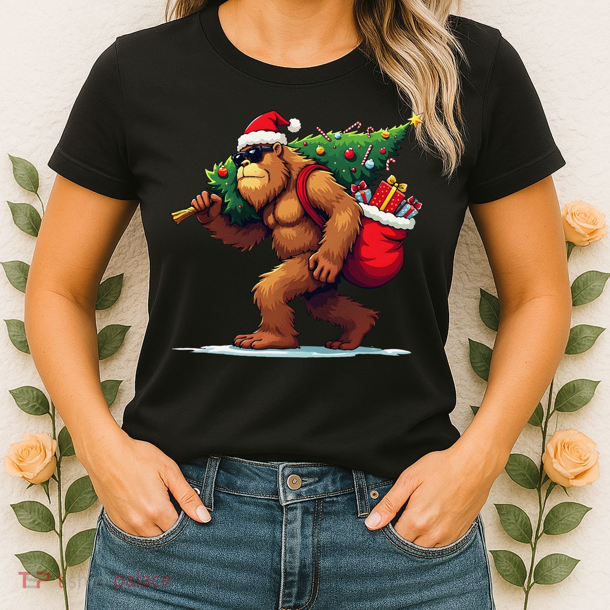 Bigfoot Santa Christmas Tree Lights Funny Xmas Sasquatch Women's T-Shirt