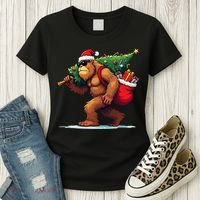 Bigfoot Santa Christmas Tree Lights Funny Xmas Sasquatch Women's T-Shirt thumb 3