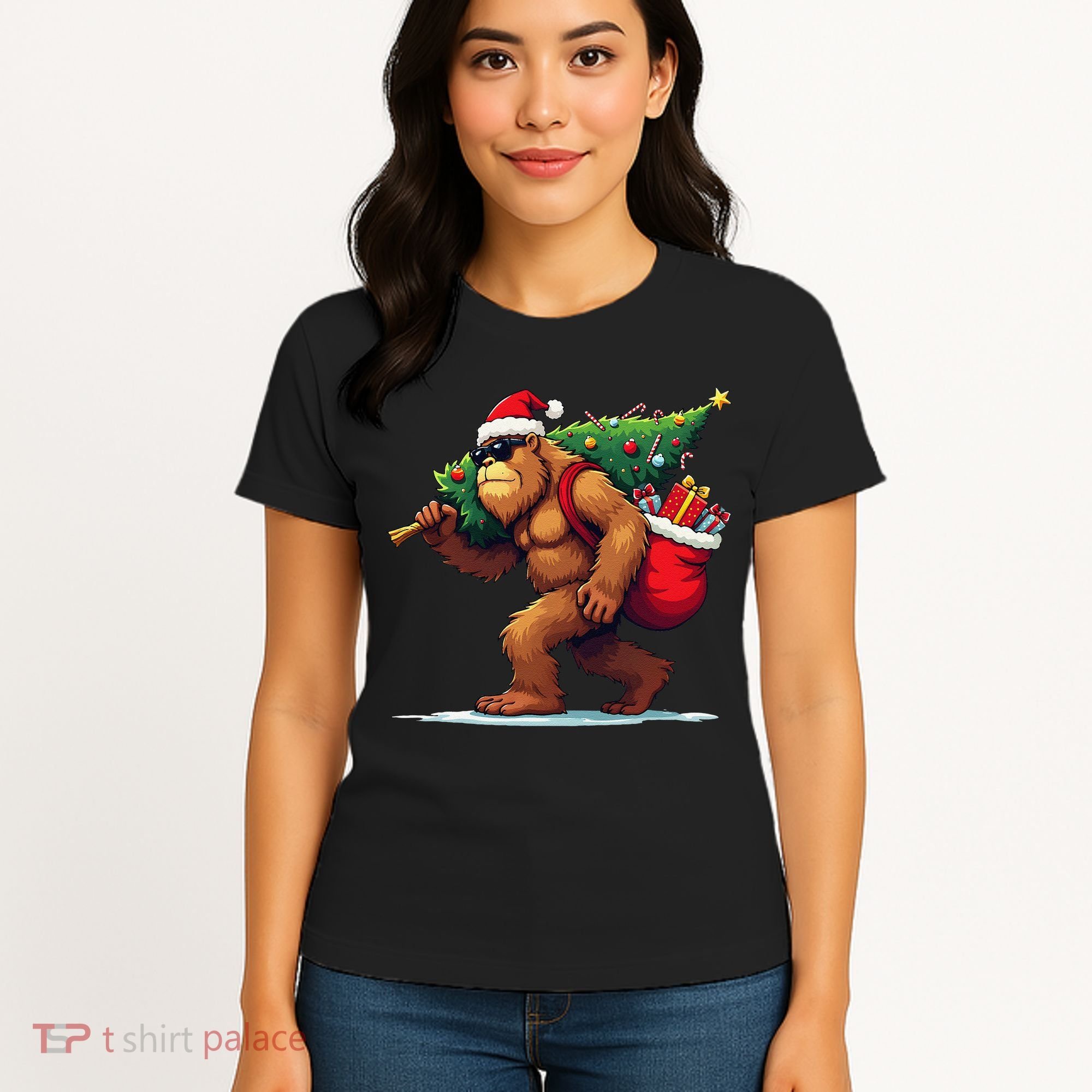 Bigfoot Santa Christmas Tree Lights Funny Xmas Sasquatch Women's T-Shirt
