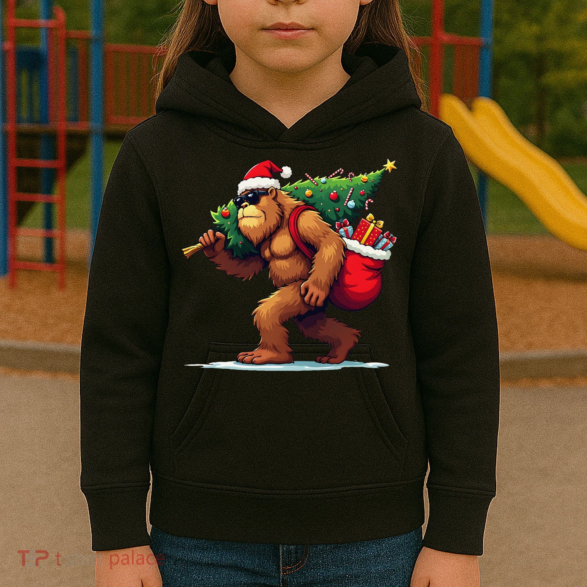 Bigfoot Santa Christmas Tree Lights Funny Xmas Sasquatch Kids Hoodie