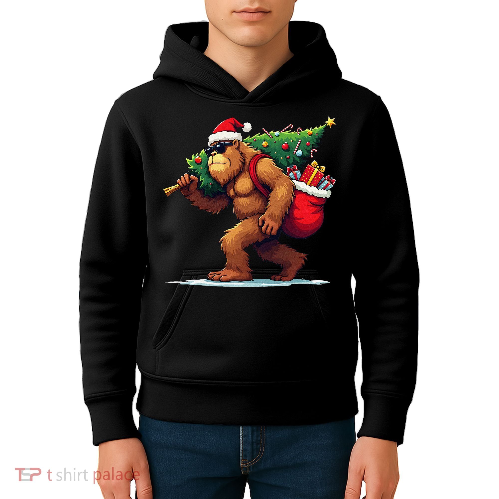 Bigfoot Santa Christmas Tree Lights Funny Xmas Sasquatch Kids Hoodie