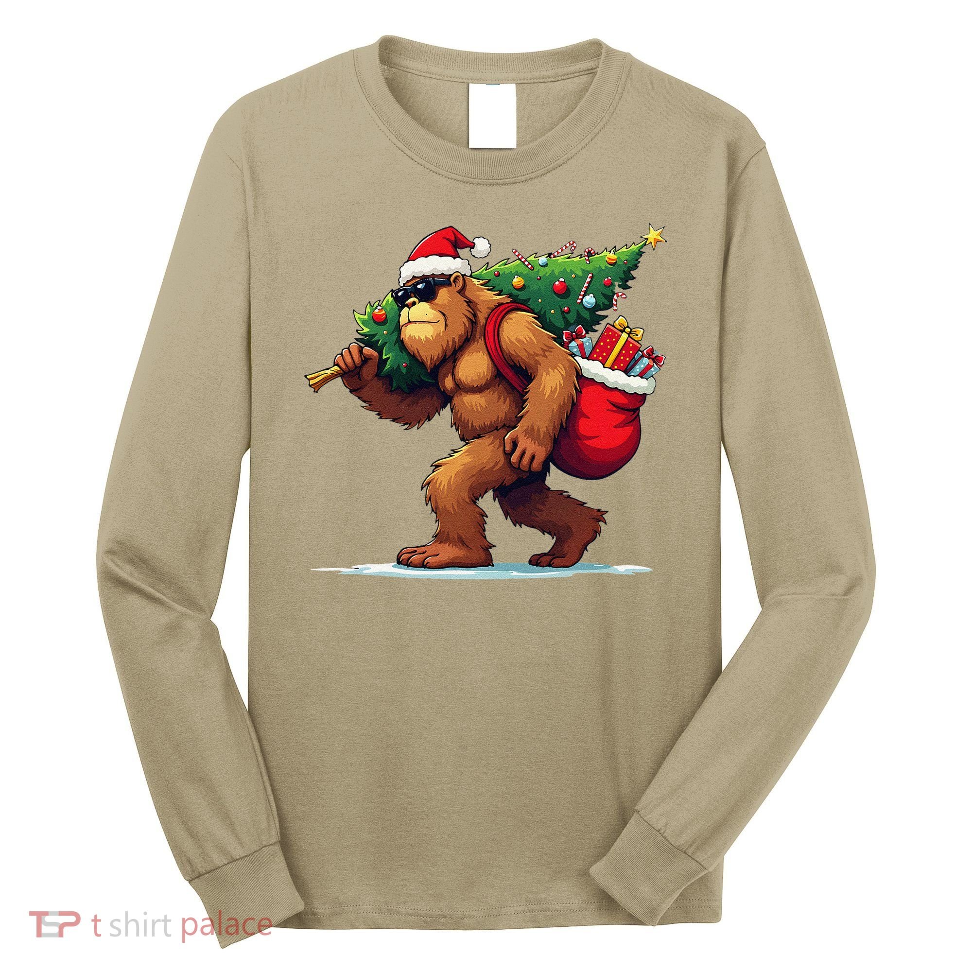 Bigfoot Santa Christmas Tree Lights Funny Xmas Sasquatch Long Sleeve Shirt