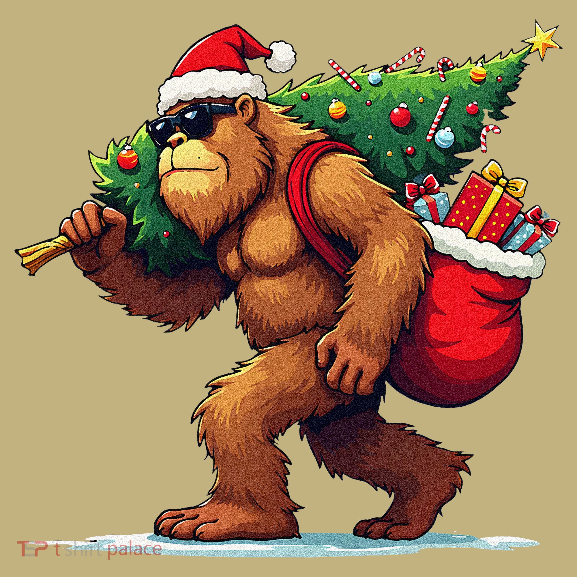 Bigfoot Santa Christmas Tree Lights Funny Xmas Sasquatch Long Sleeve Shirt