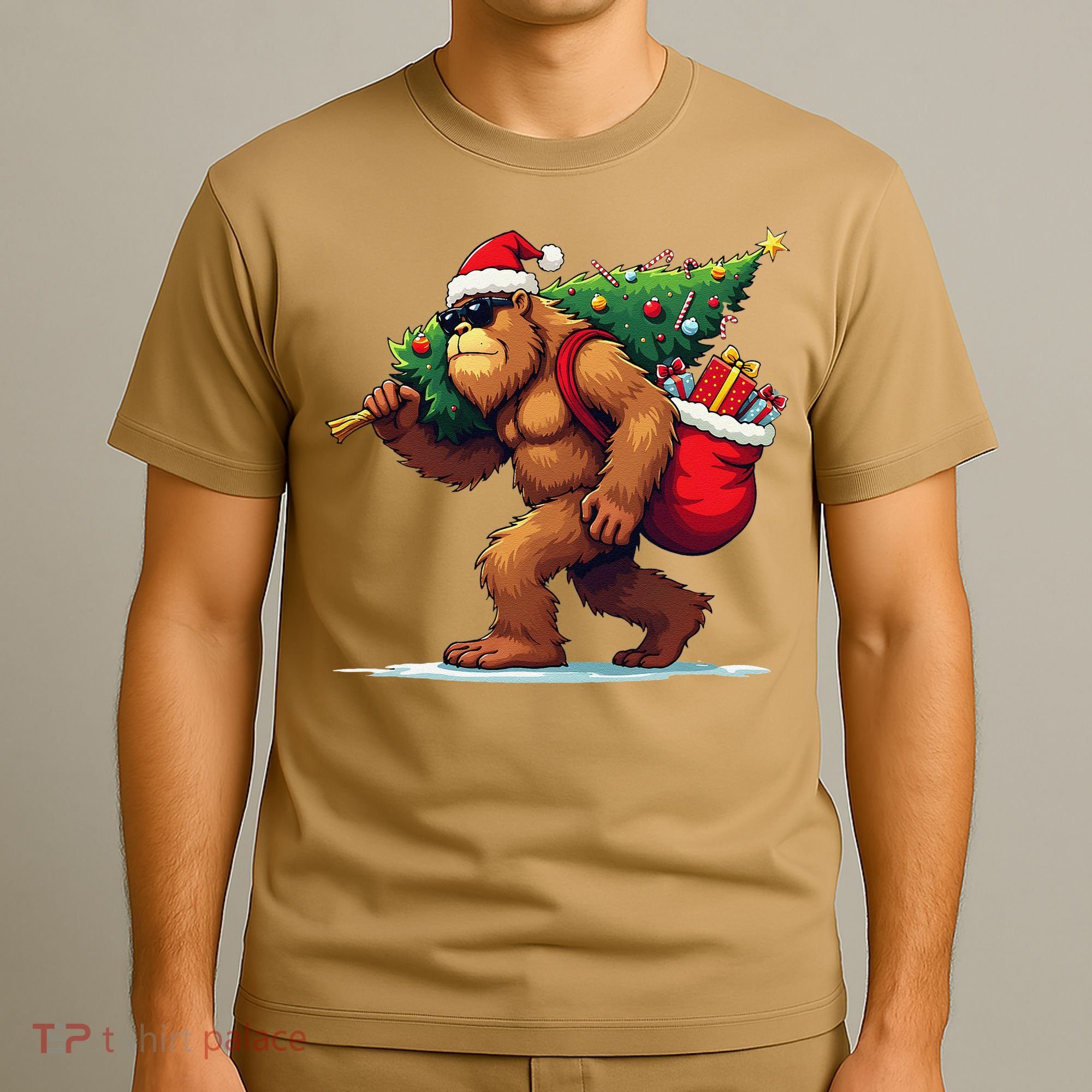 Bigfoot Santa Christmas Tree Lights Funny Xmas Sasquatch T-Shirt