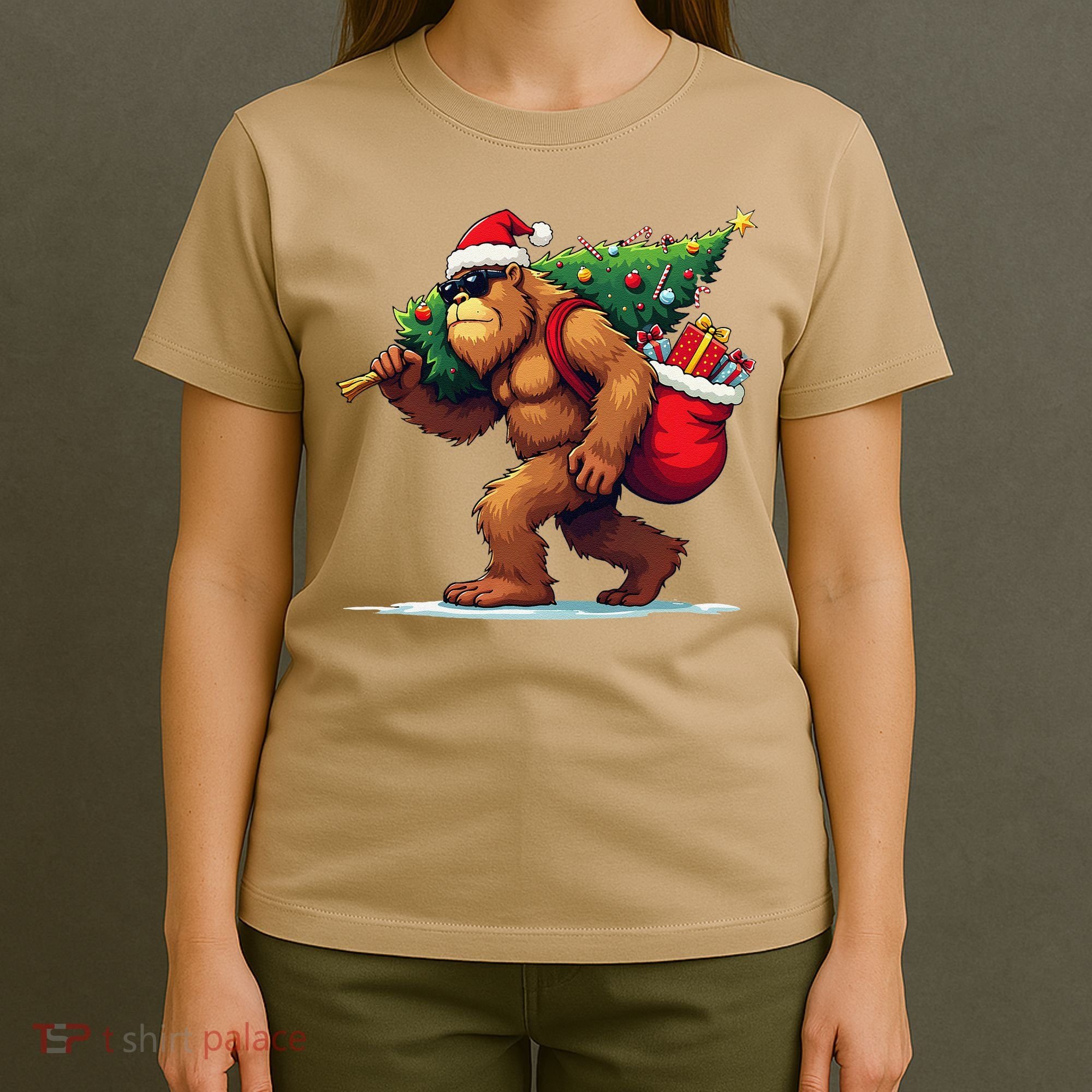 Bigfoot Santa Christmas Tree Lights Funny Xmas Sasquatch T-Shirt