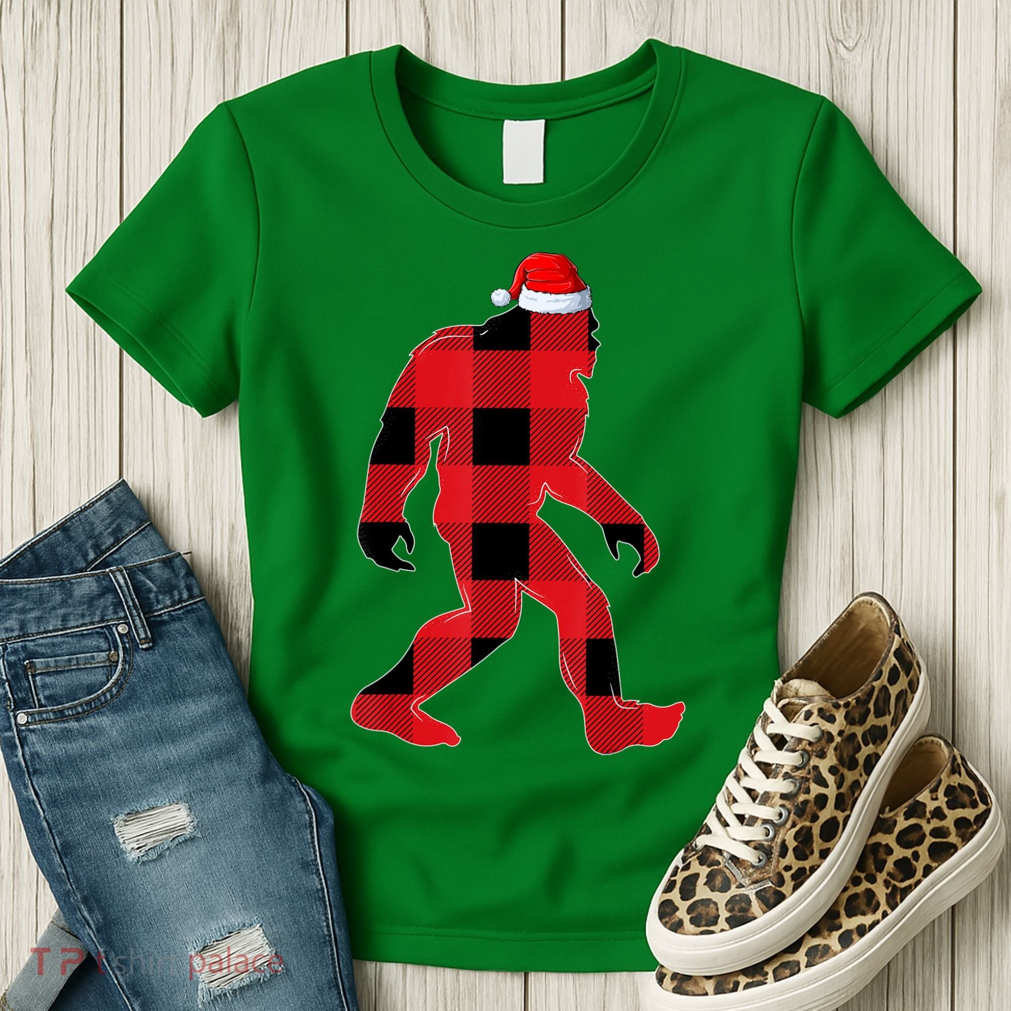 Bigfoot Santa Christmas Lights Xmas Boys Sasquatch Women's T-Shirt