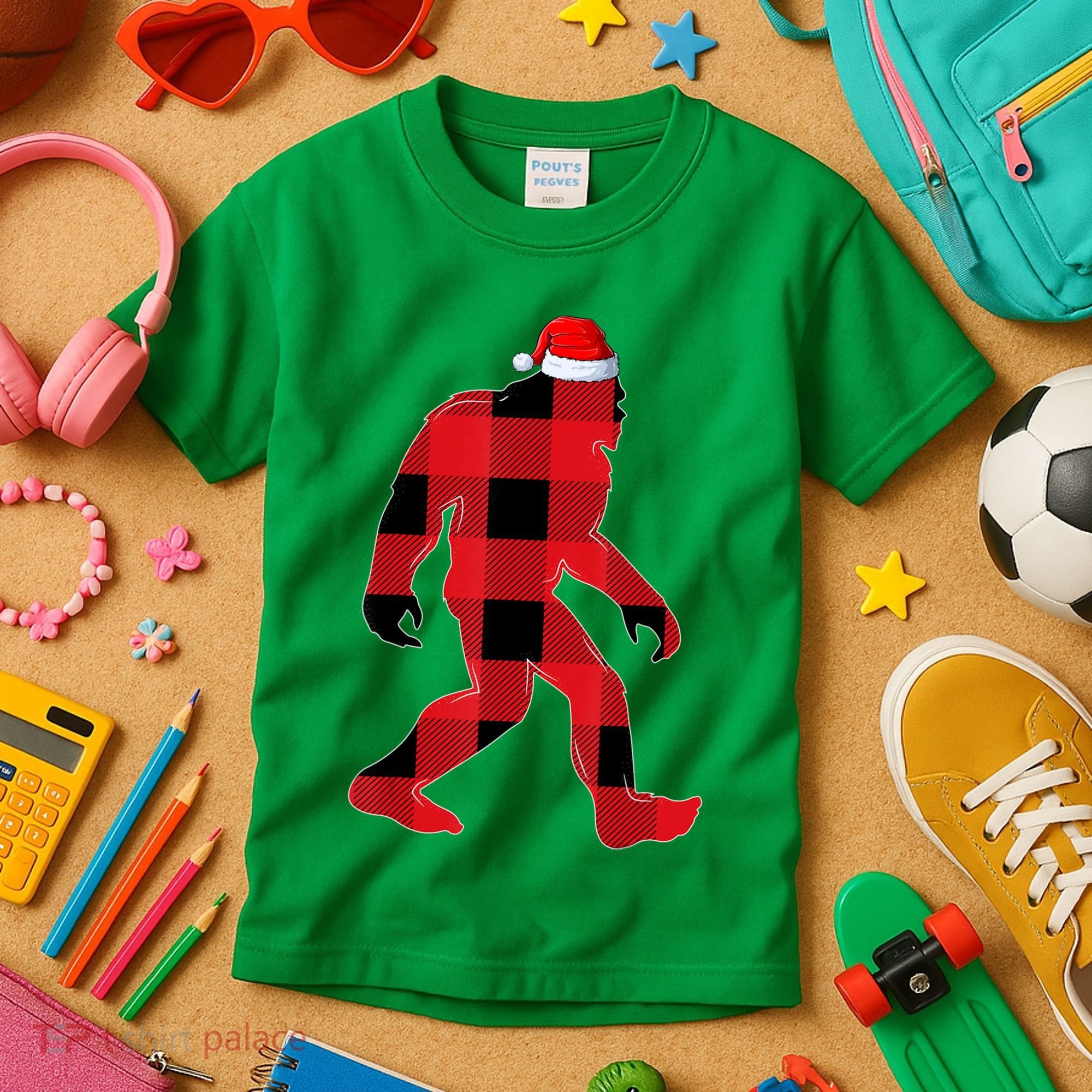 Bigfoot Santa Christmas Lights Xmas Boys Sasquatch Kids T-Shirt