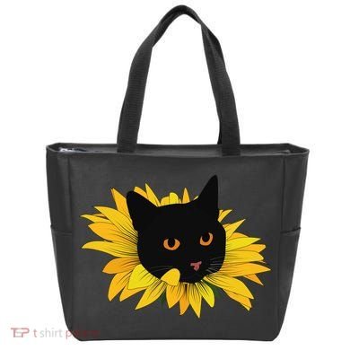 Black Sunflower Cat Cute Tote Bag
