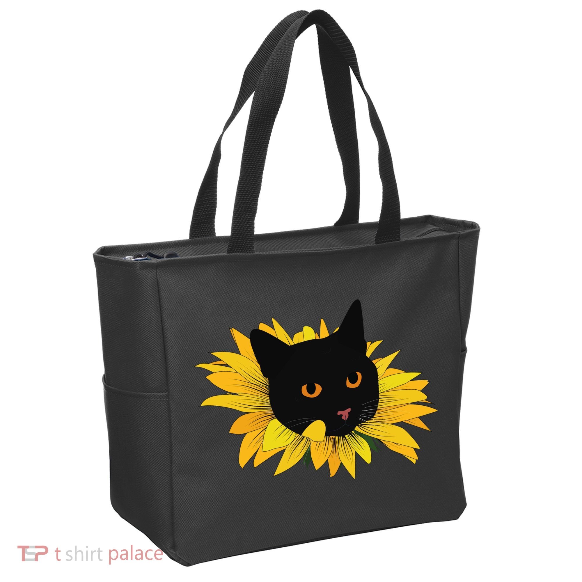Black Sunflower Cat Cute Tote Bag
