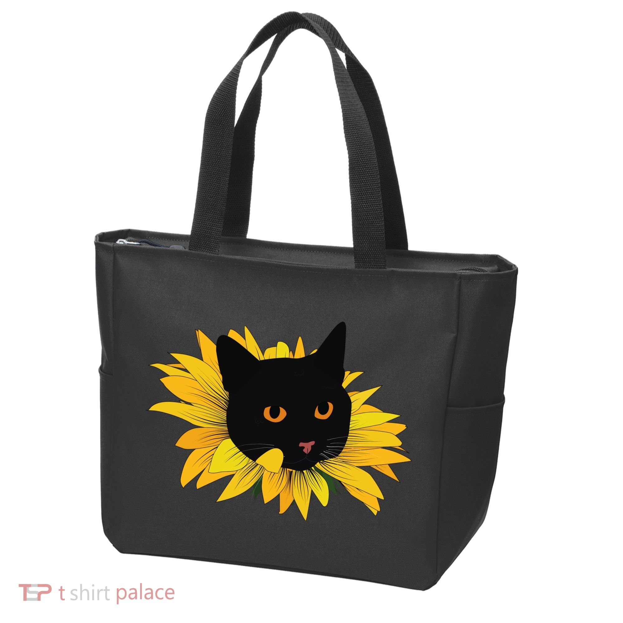 Black Sunflower Cat Cute Tote Bag