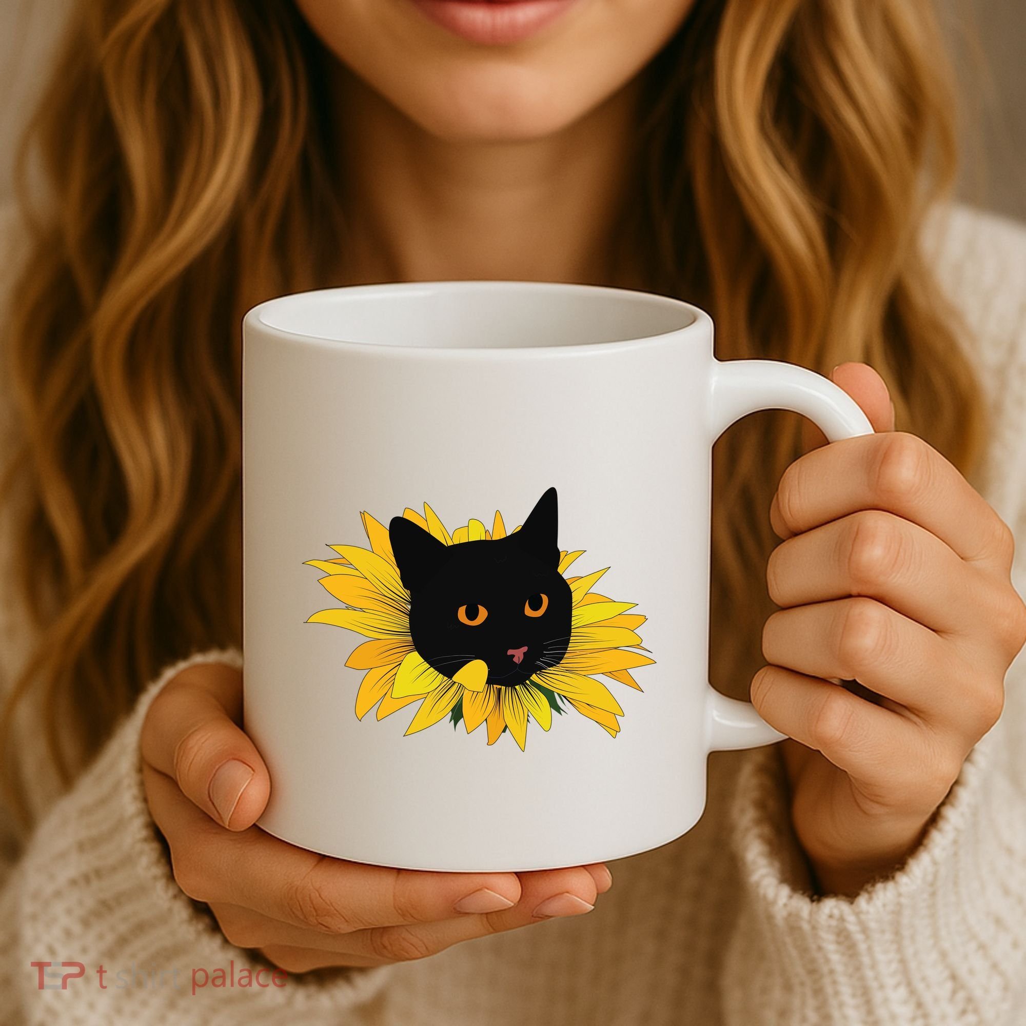 Black Sunflower Cat Cute Coffee Mug