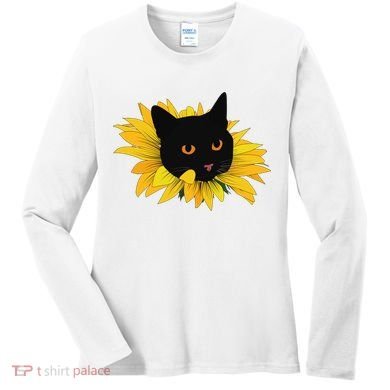 Black Sunflower Cat Cute Women's Long Sleeve Shirt