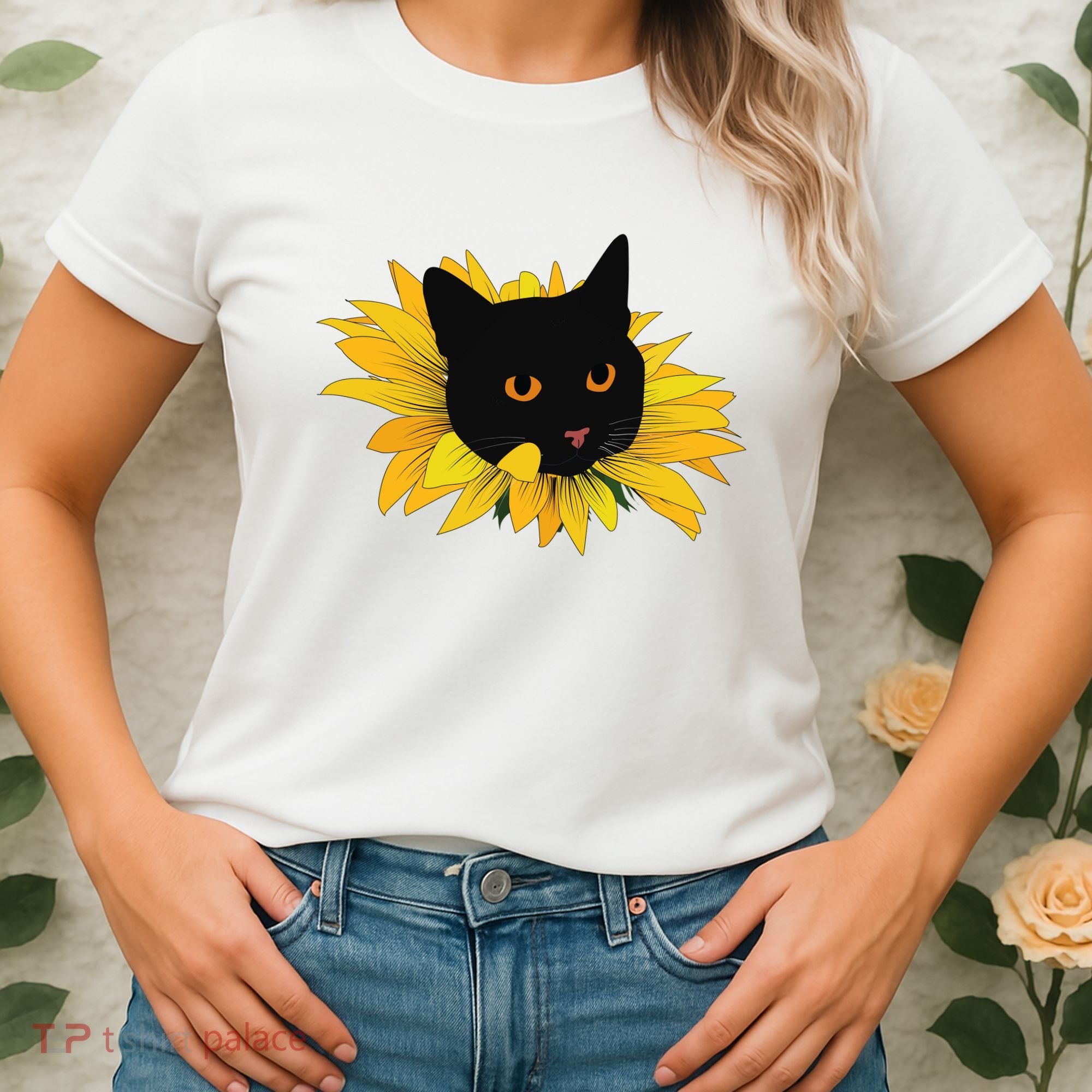 Black Sunflower Cat Cute Women's T-Shirt