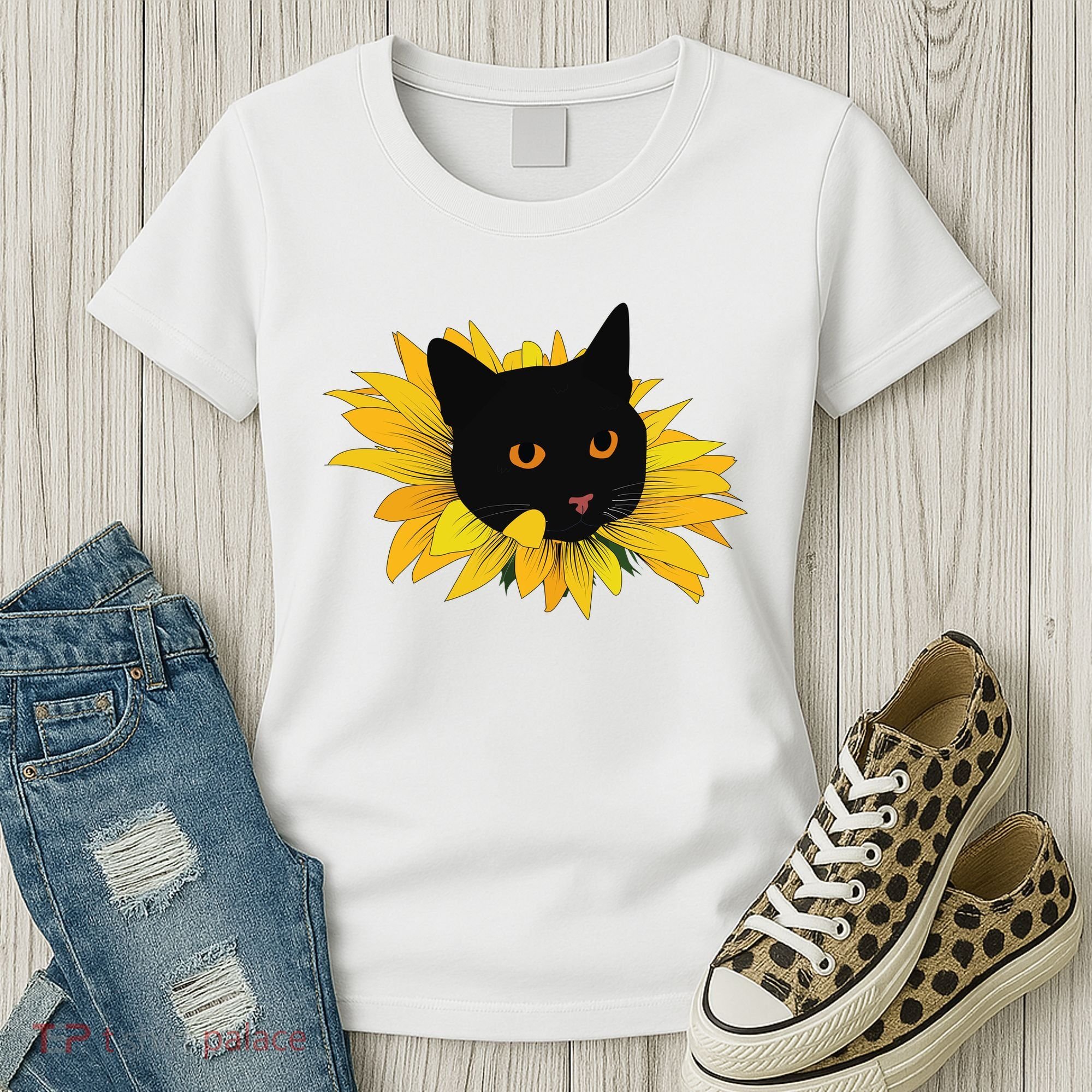 Black Sunflower Cat Cute Women's T-Shirt