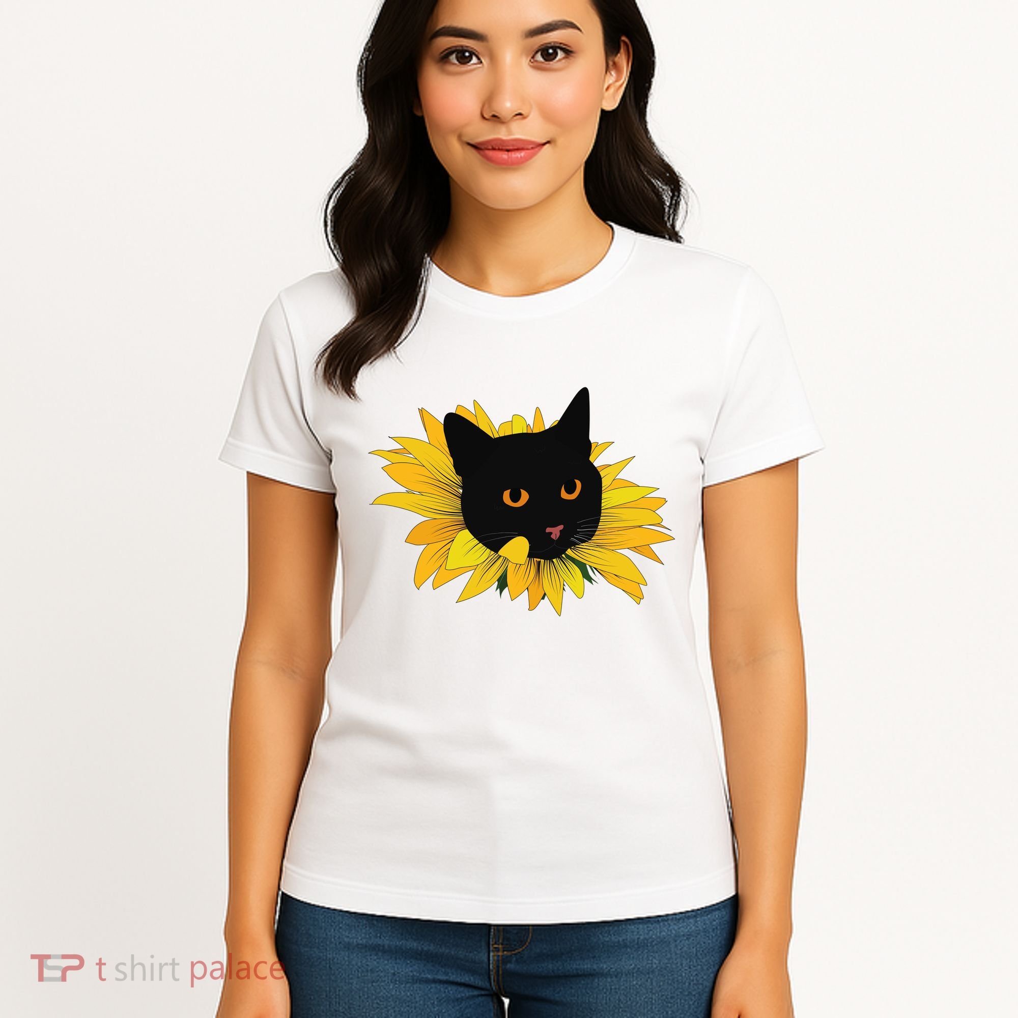 Black Sunflower Cat Cute Women's T-Shirt