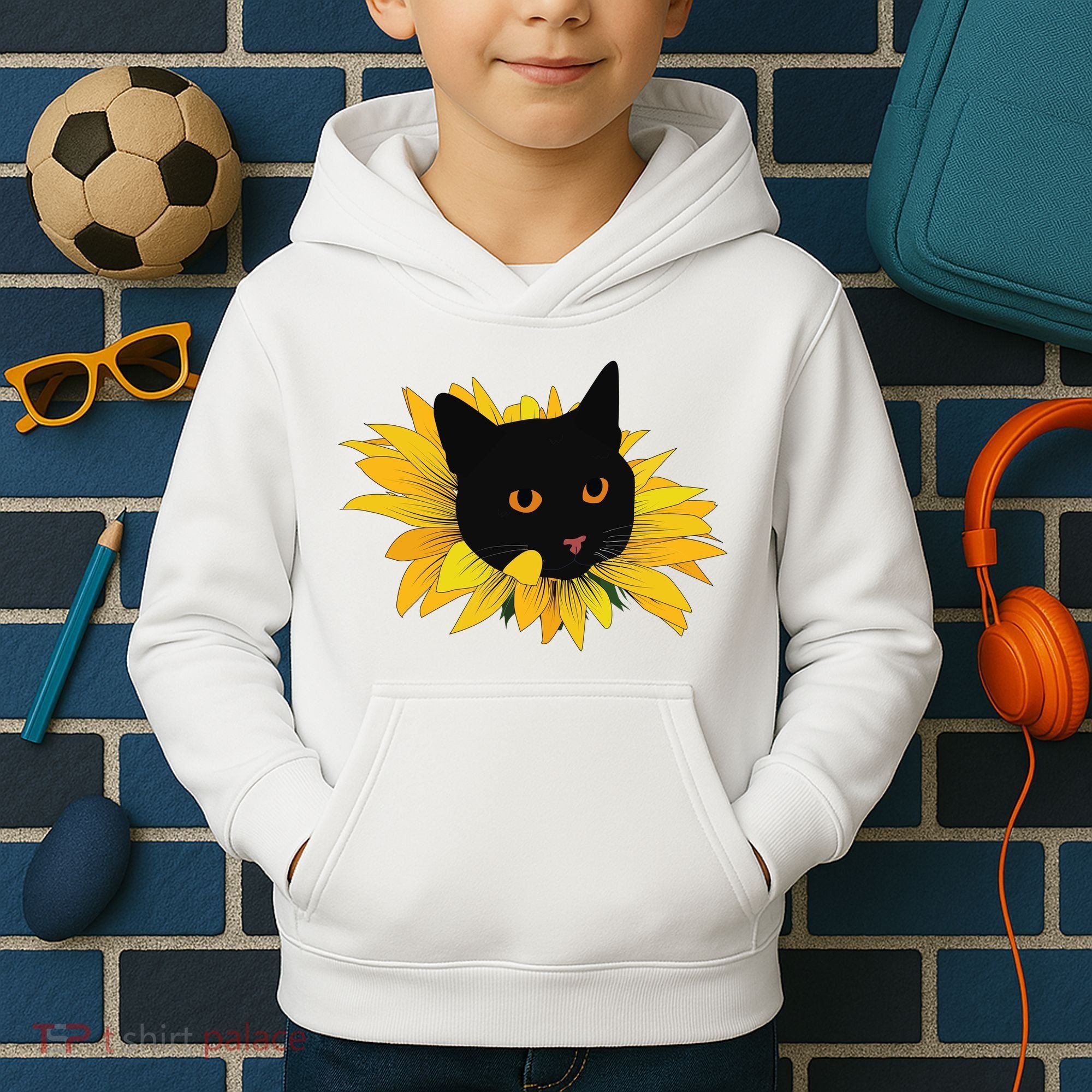 Black Sunflower Cat Cute Kids Hoodie