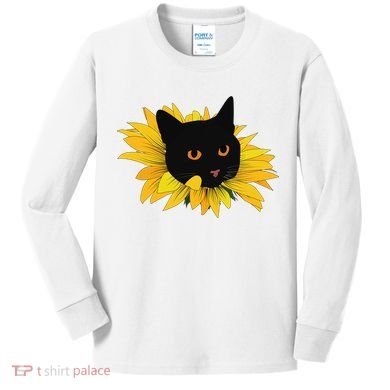 Black Sunflower Cat Cute Kids Long Sleeve Shirt