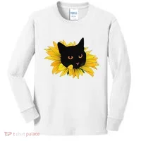 Black Sunflower Cat Cute Kids Long Sleeve Shirt thumb 0