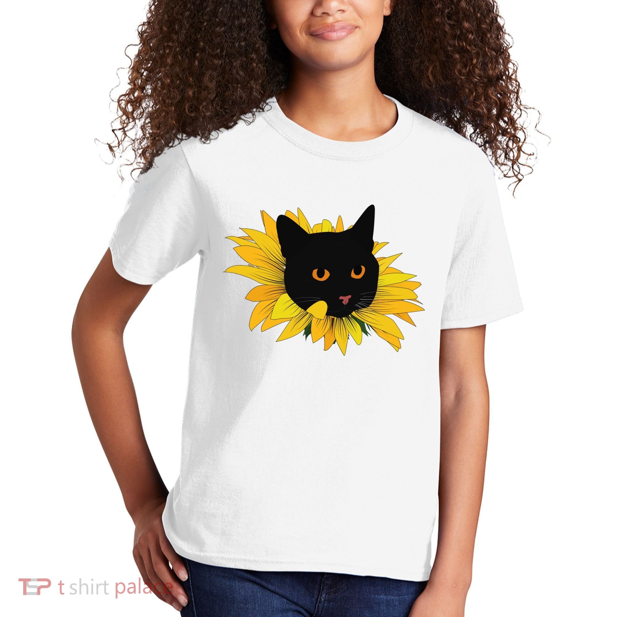 Black Sunflower Cat Cute Kids T-Shirt