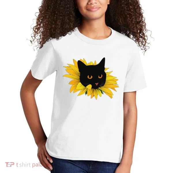 Black Sunflower Cat Cute Kids T-Shirt