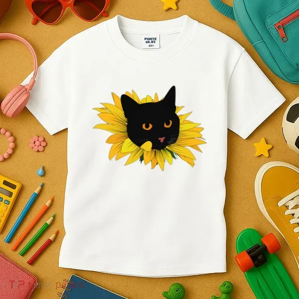 Black Sunflower Cat Cute Kids T-Shirt