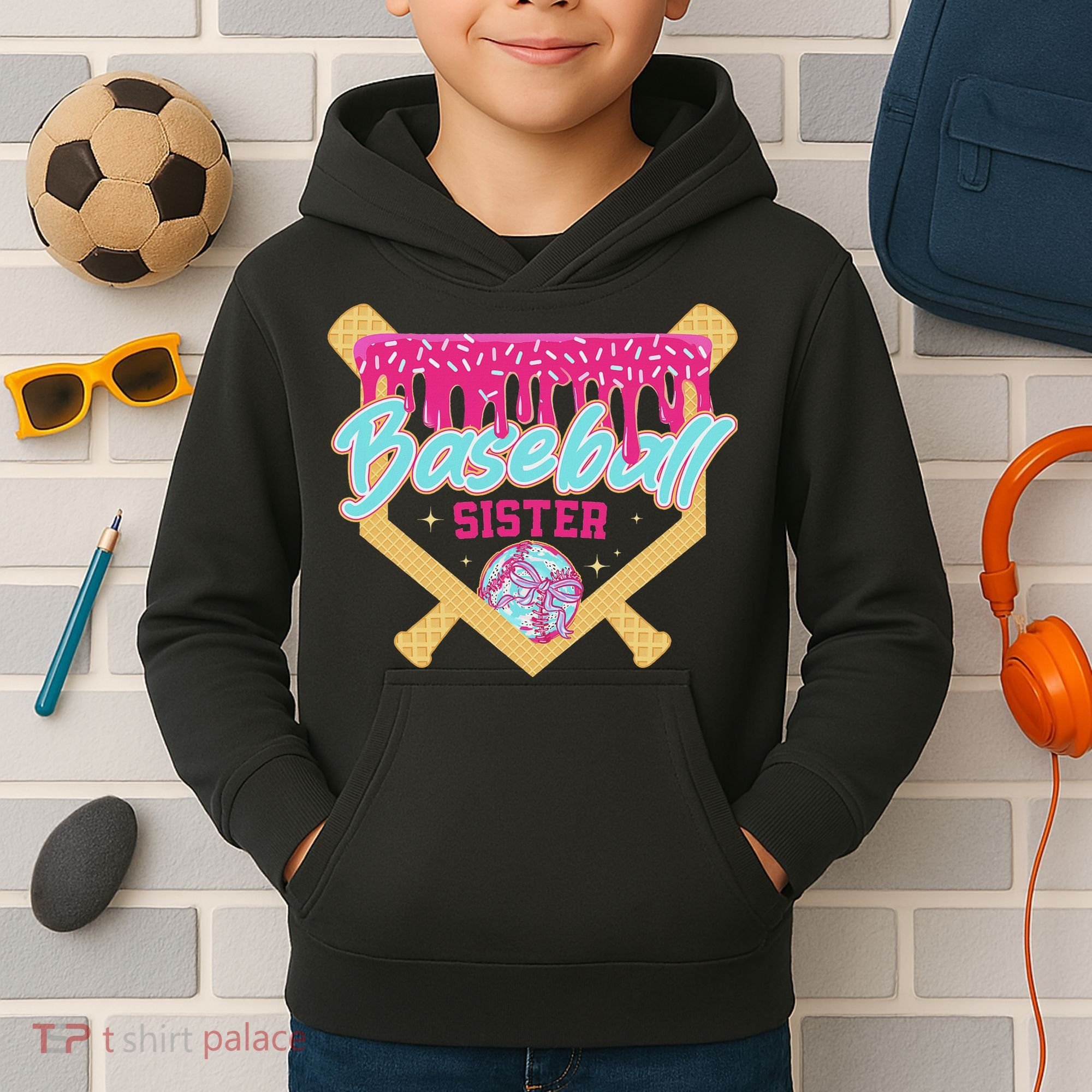 Baseball Sister Drip Ice Cream Baseball Game Day Kids Hoodie
