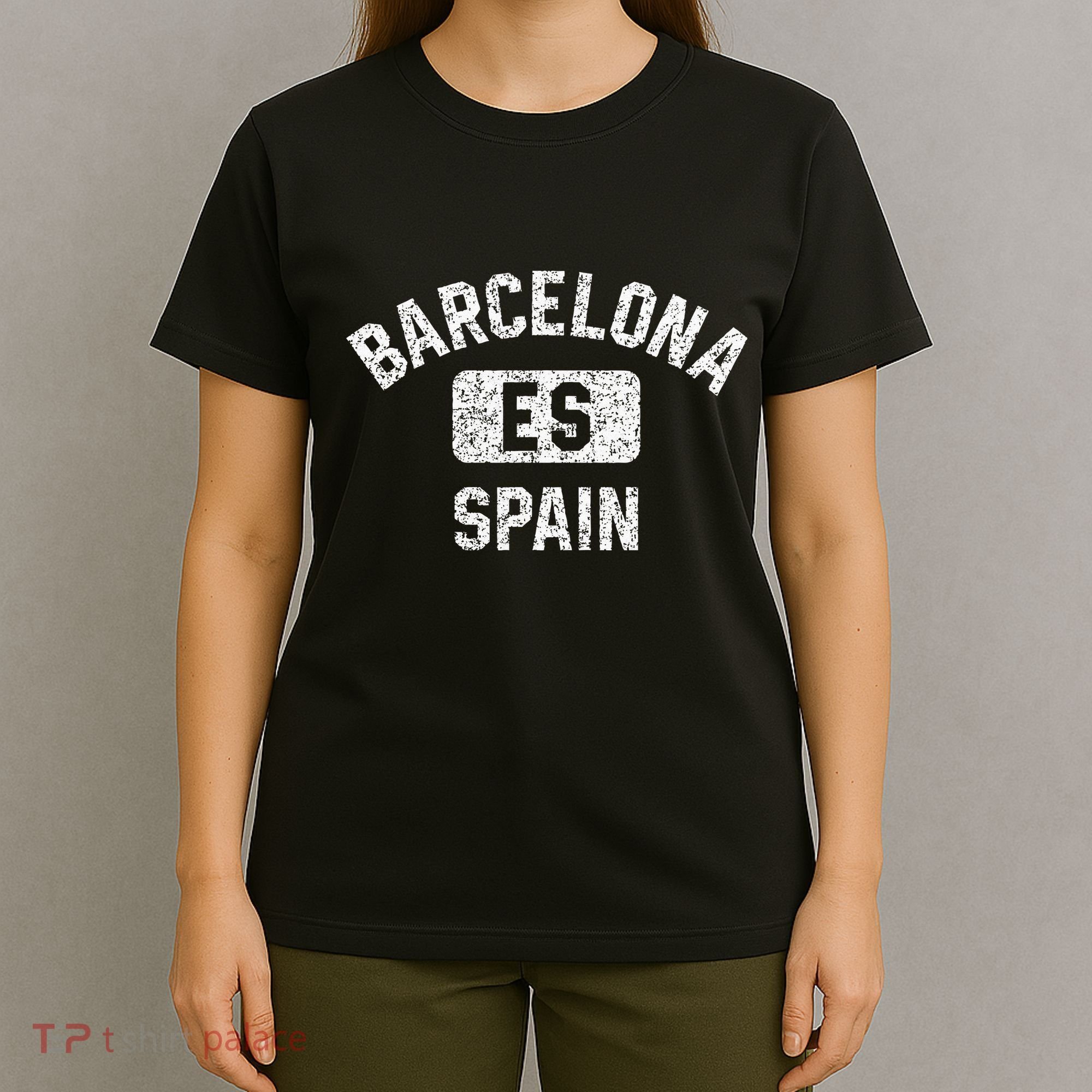 Barcelona Spain ES Gym Style Distressed White Print T-Shirt