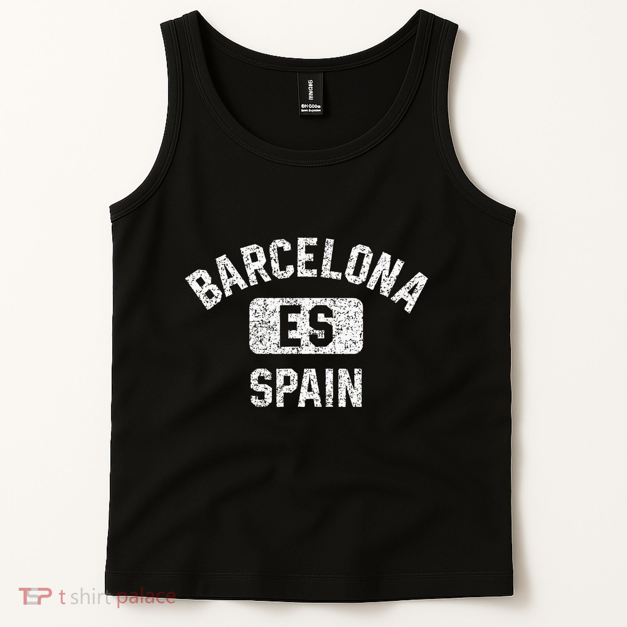 Barcelona Spain ES Gym Style Distressed White Print Tank Top